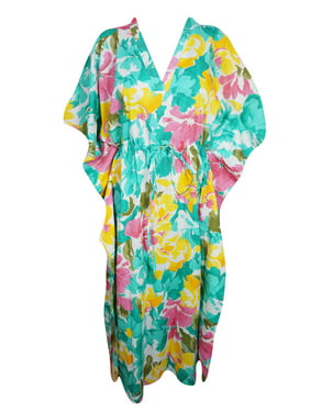 Mogul Womens Green Pink Floral Caftan V-Neckline Cotton Printed Kimono Sleeves Cover Up Maxi Dress Kaftan One Size