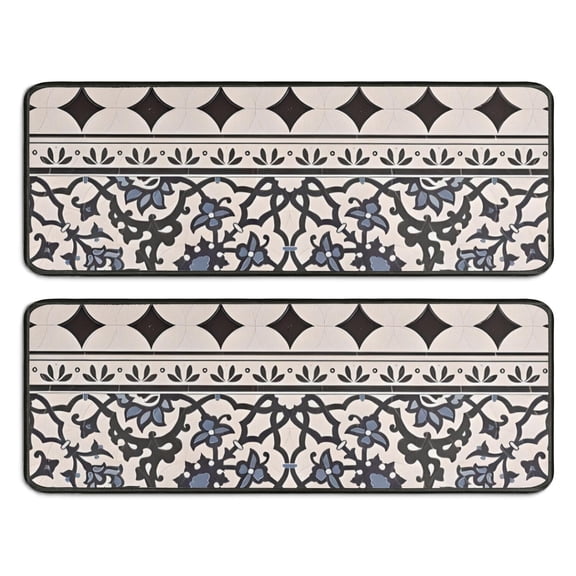 Kitchen Rugs Sets Of 2,Blue Geometric Flower Diamond Pattern Anti Fatigue Kitchen Mat Rugs Non Slip Washable,Decorative Kitchen Floor Mats for Kitchen,Sink,Laundry,17"x47" 17"x47"
