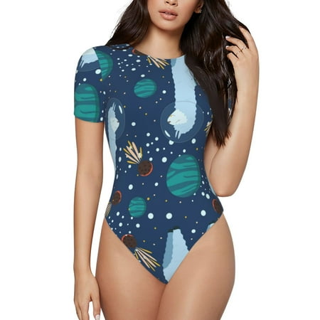 Easygdp Alpaca Astronaut in Space Women s One-Piece Swimsuit Slim Fit Crew Neck Bodysuit Athletic Swimwear with Concealed Buckle - X-Large