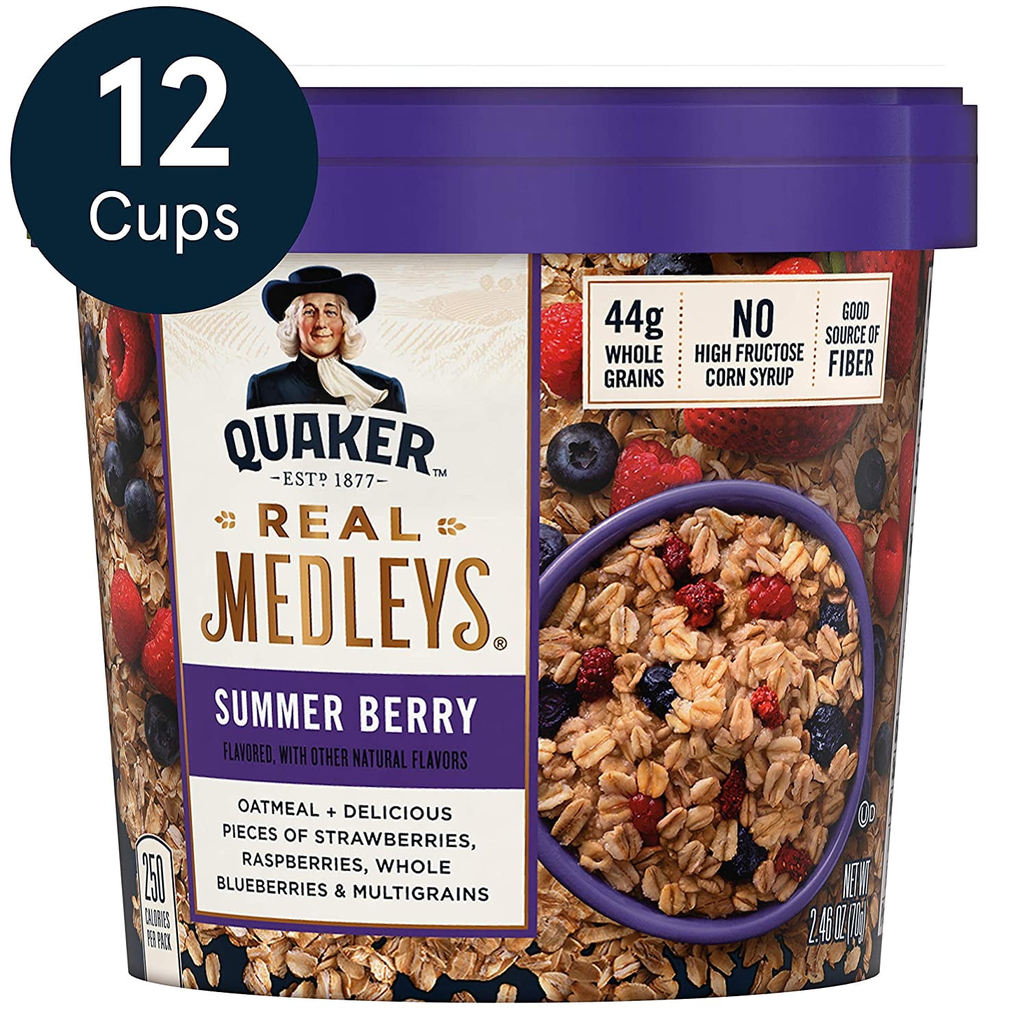 Quaker Real Medleys Oatmeal+, Summer Berry, Oatmeal Cups, 12 Count