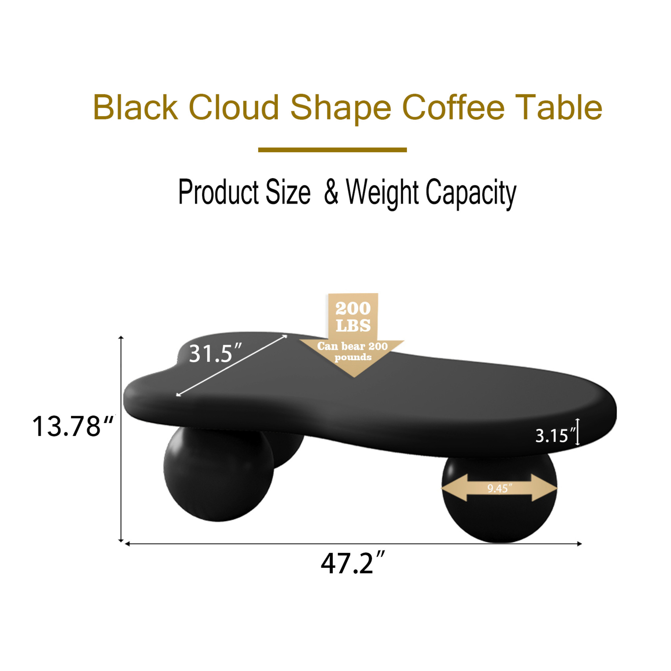Noble House 47" Cloud Shaped Coffee Table with Ball Legs, Modern Aesthetic Accent Table for Living Room, Black