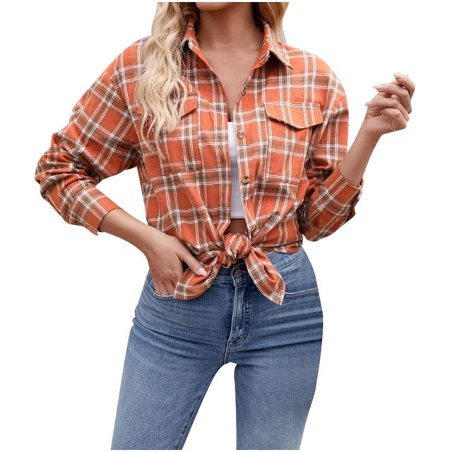 Women's Lightweight Flannel Plaid Button Down Shirts Oversized Long Sleeve Shacket Jacket Tops