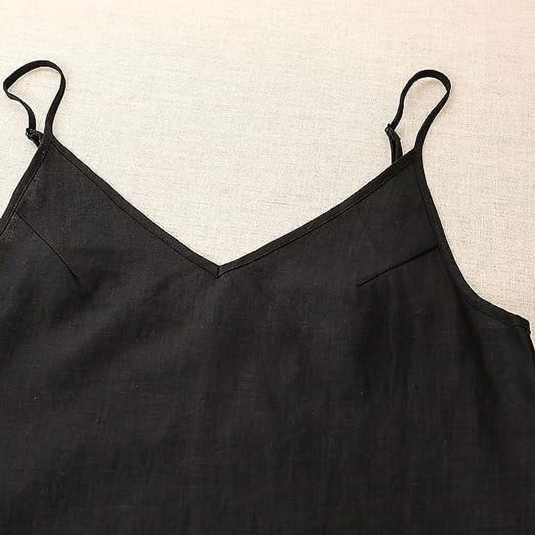 Amazhyu 100% Linen V Neck Spaghetti Strap Sleeveless Summer Causal Dresses with Slit for Women