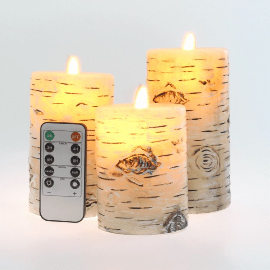 Flameless Candles Set of 3 ,D 3" x H 4" 5" 6"  Birch Bark Real Wax Pillars & Moving Flame Wick LED Candles with  Remote Control