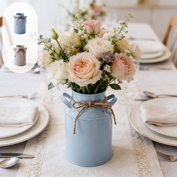 Metal Flower Vase Centerpiece Iron Floral Arrangement Holder White Blue 12x19cm Rustic Vintage Home Decor for Fresh or Dried Flowers Living Room Bedroom