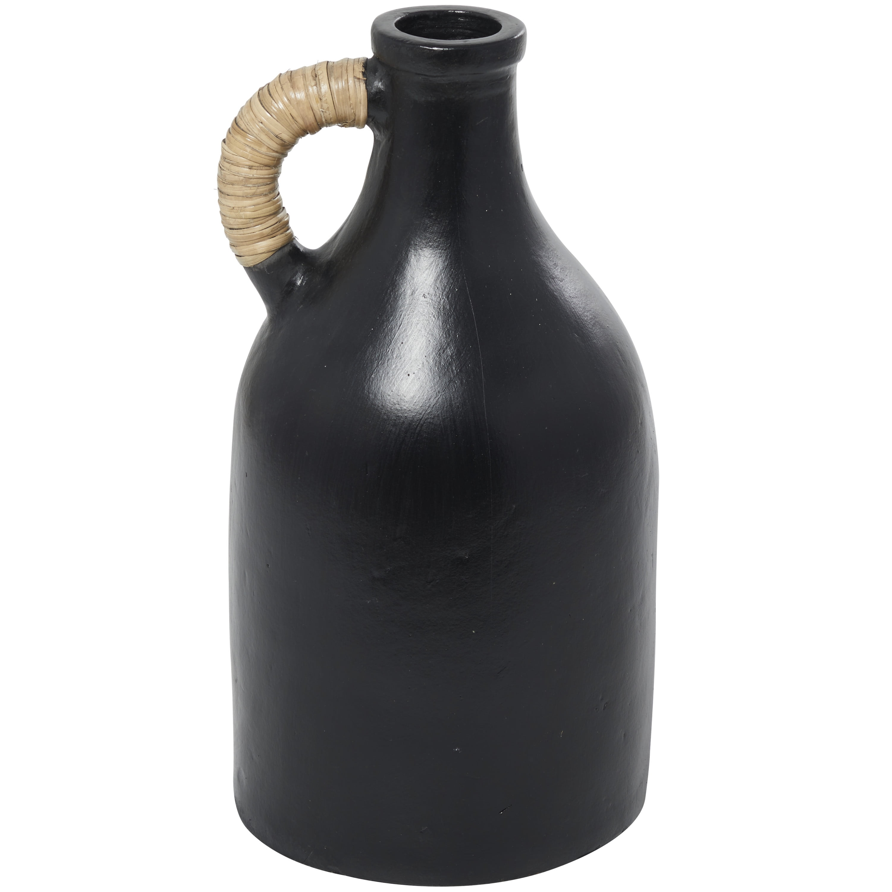 DecMode 18" Jug Inspired Black Ceramic Vase with Rattan Wrapped Handle