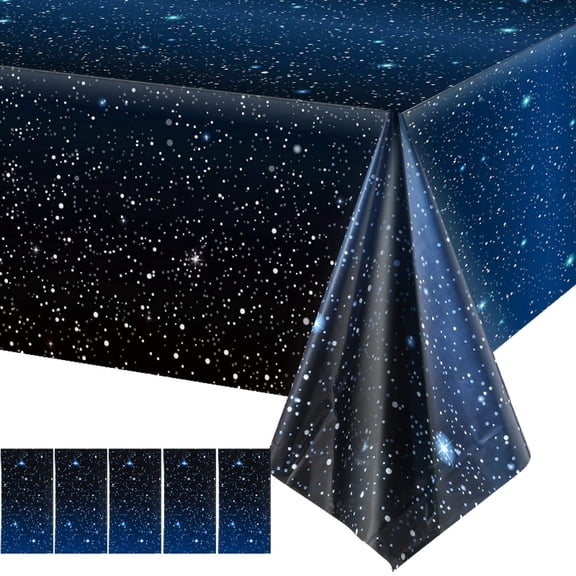 5 Pcs Space Tablecloth Starry Night Plastic Galaxy Table Cover, 54"x108" Disposable Rectangle Tablecloth for Space Theme Birthday Party Decor
