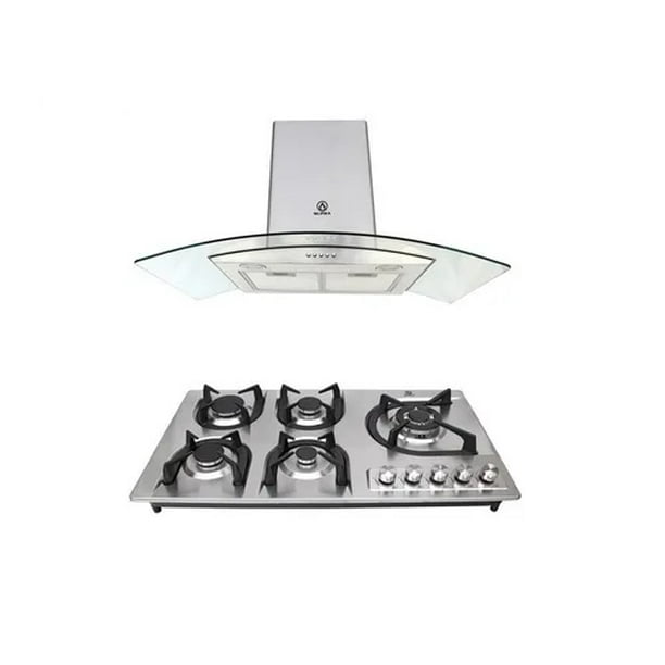 Combo Pavía Parrilla De Empotrar SUPRA 5 Quemadores Acero Inoxidable Campana Cristal Curvo 90 cm