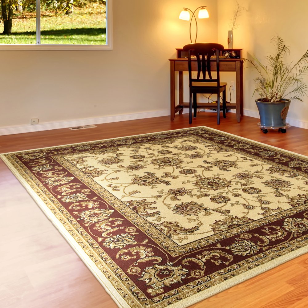 LR Home Grace Floral Border Ivory & Red 9 Ft. x 12 Ft. Persian Large