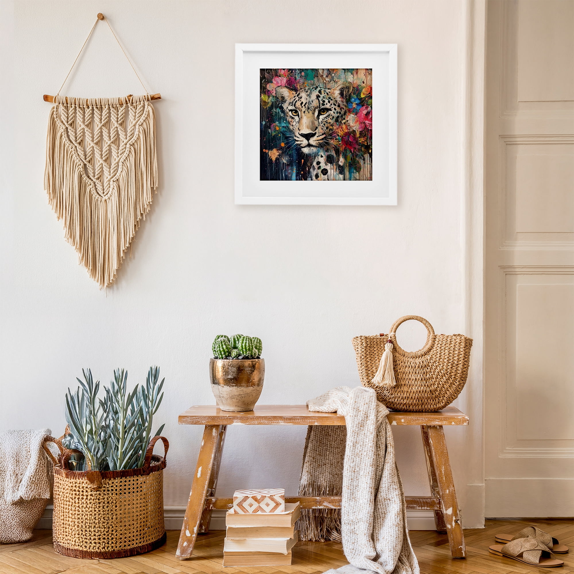 Stupell Industries Cheetah & Exotic Blooms White Framed Print Under Glass, design by Marta Wiley