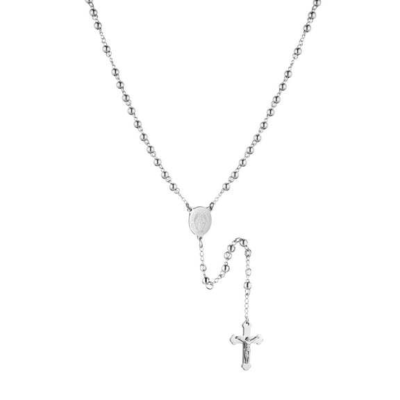 HZMAN Silver Rosary Beads Cross Necklace for Women Stainless Steel Heavy Crucifix Virgin Mary Y Shape Necklaces Jewelry
