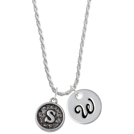 Delight Jewelry Silvertone Antiqued Round Seal - Initial - S - Silvertone Script Initial Disc - W - Charm Necklace, 20"+3"