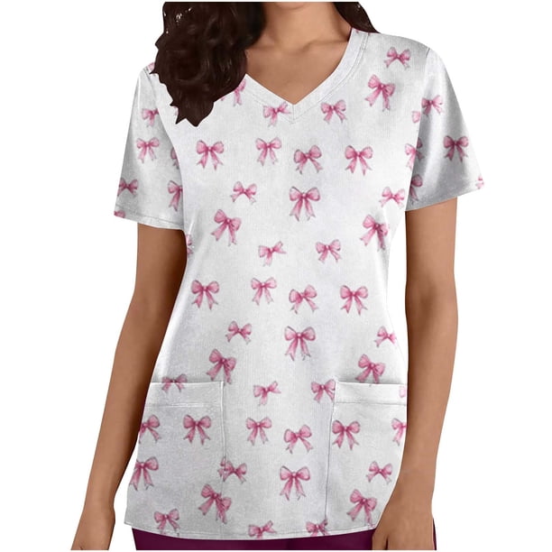 TaTaai Valentine Day Print Women Scrub Top Pure Cotton Loose Fit Short Sleeve V Neck Patch Pocket Soft Stretch Medical Work Casual Wear Gift