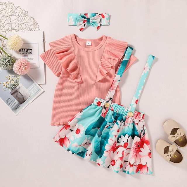 EGNMCR Robe pour Enfants, Robe à Manches Courtes à Col Rond pour Tout-Petits Bébés Filles Été Couleur Sans Manches + Jupe Imprimée + Bandeau Ensemble Robe Fille