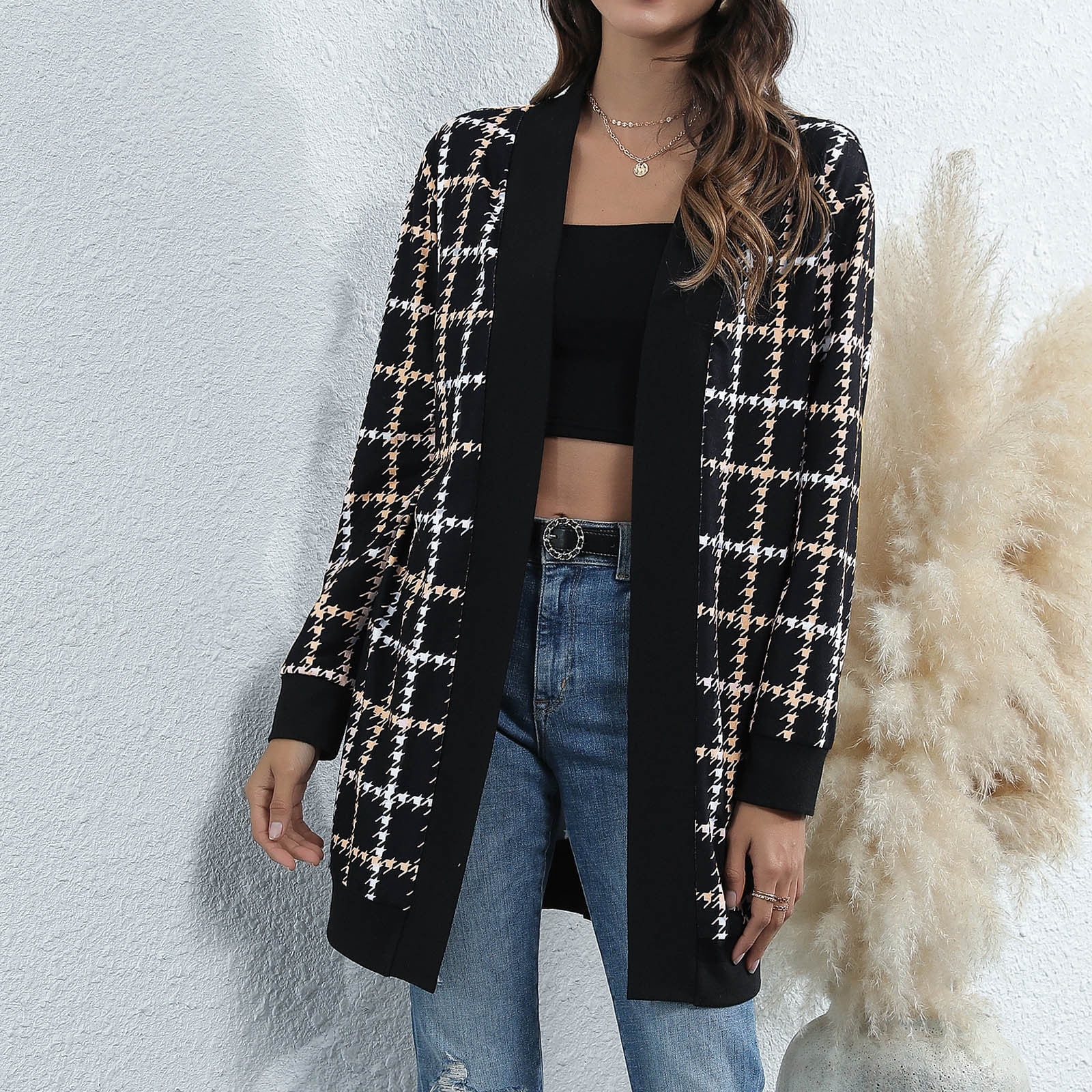 Women Casual Long Sleeve Print Splicing Open Stitch Coat Cardigans Long Outwear Top Casual Cardigan Coat Lightweight for Fall Winter