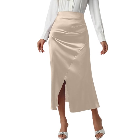 ZVNAΖH Women's Elegant Satin Midi Skirt, High Waist Ruched Wrap Asymmetrical Slit Skirt Ideal for Work & Evening Outfits