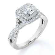 JeenMata Elegant Square Cut Lab Grown Diamond - Twisted Band - Pave - Double Halo Engagement Ring - 10K White Gold