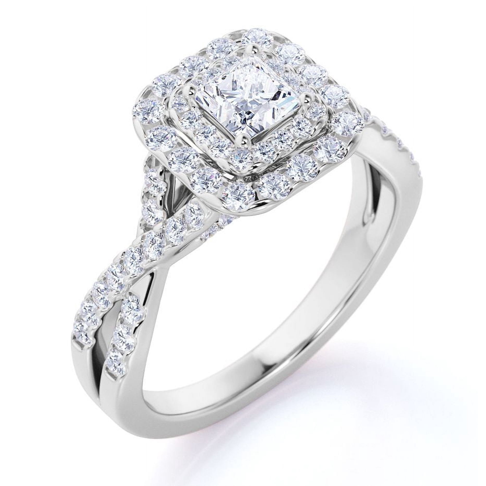 JeenMata Elegant Square Cut Lab Grown Diamond - Twisted Band - Pave - Double Halo Engagement Ring - 10K White Gold