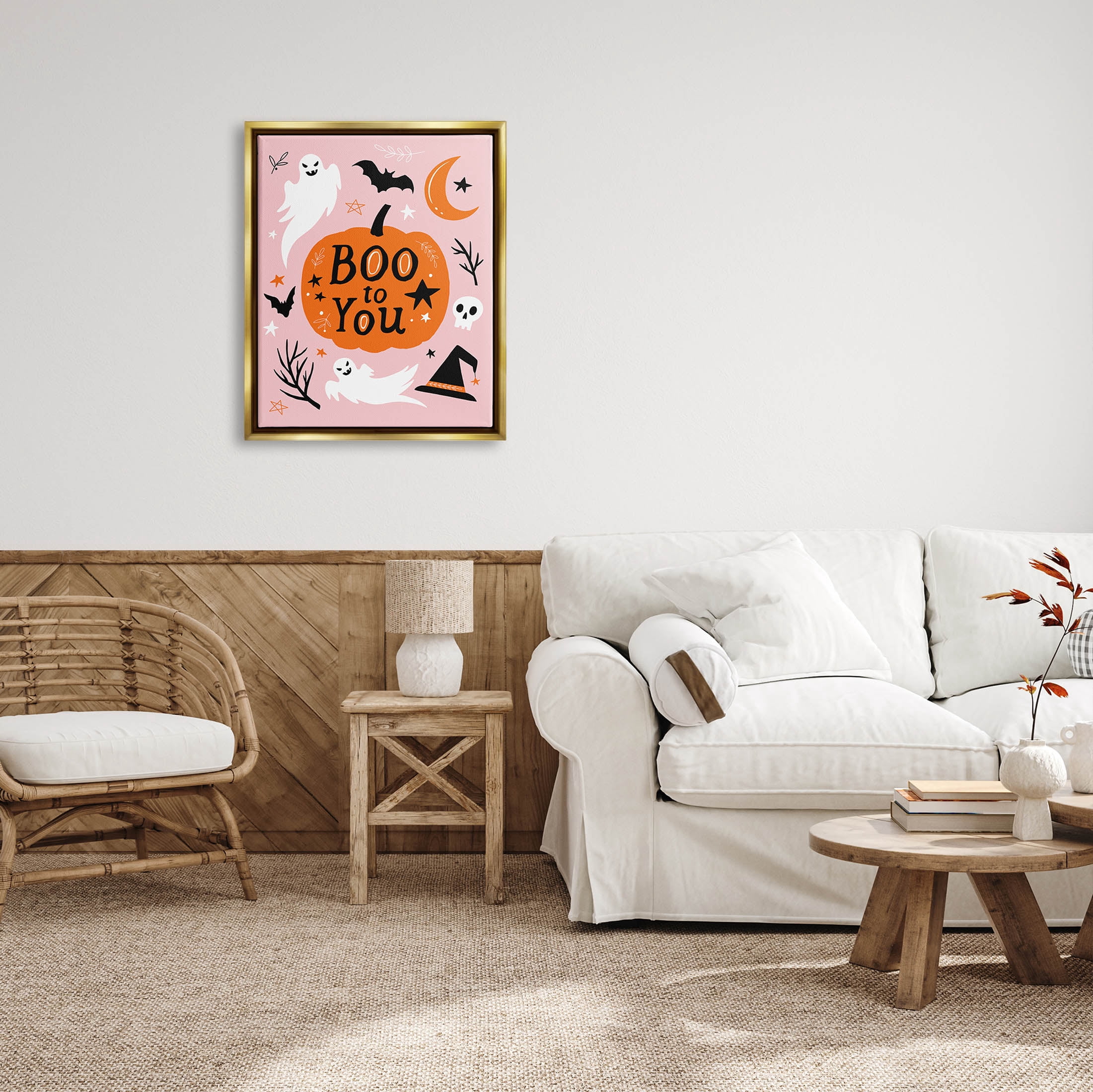 Stupell Industries Boo to You Halloween Elements Graphic Art Metallic Gold Floating Framed Canvas Print Wall Art, Design by Nina Seven