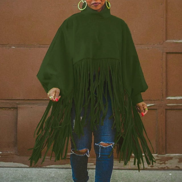 Hauts à Manches Longues pour Femmes Mode Couleur Unie Col Haut Manches Lanterne Design à Franges