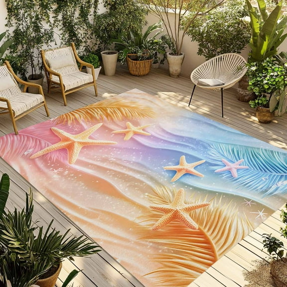 Fsddascl Summer Tropical Palm Leaves Outdoor Rug for Patio/Deck/Porch, Non-Slip Large Area Rug 6 x 9 Ft, Beach Starfish Coastal Indoor Outdoor Rugs Washable Area Rugs, Reversible Camping Rug Carpet