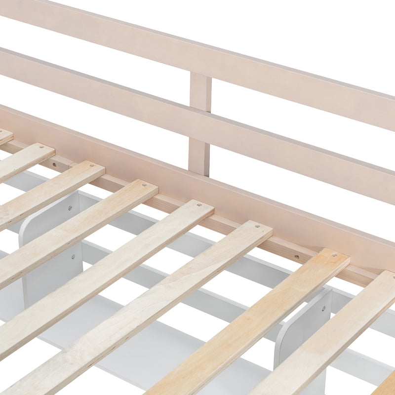 Full Size Castle-Designed Kids's Bunk Bed with Built-in Ladder & LED Strip, Storage Wooden Bed Frame with 2 Drawers & Shelves