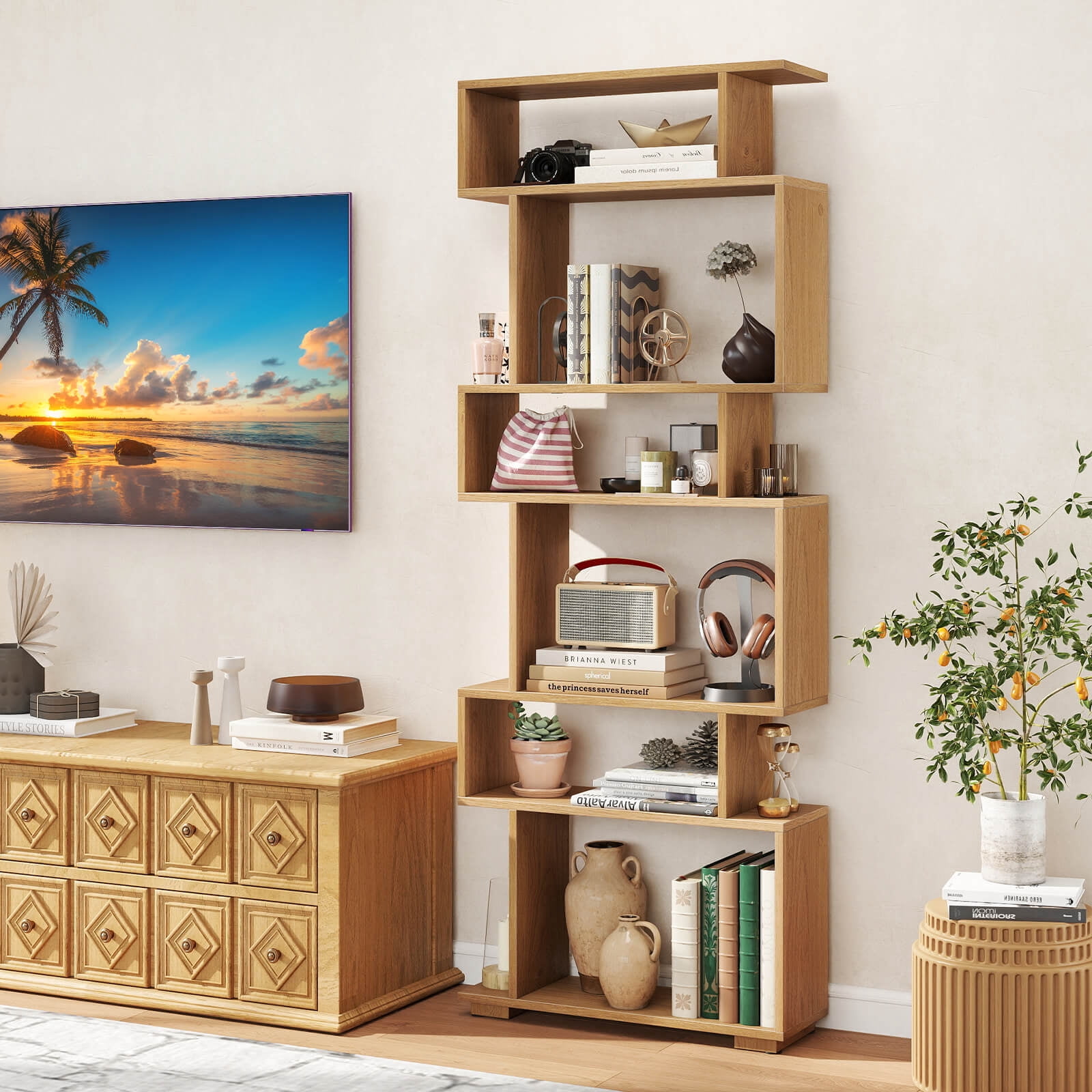 Costway 6-Tier Bookshelf with 2 Anti-Tipping Kits, Wooden Display Shelf for Home Office Natural