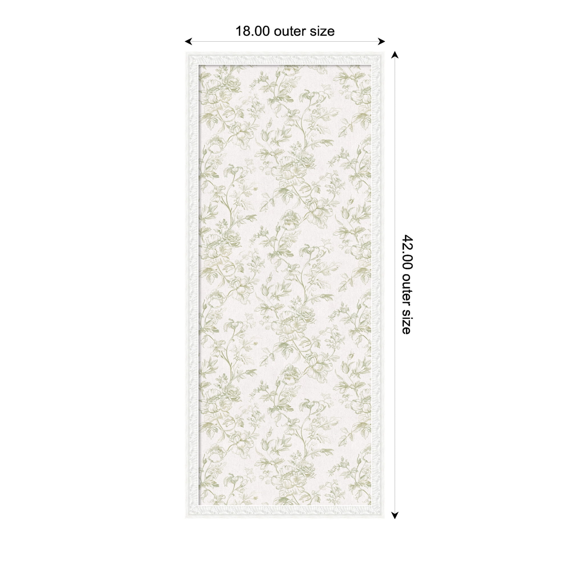 Kate and Laurel Framed Fabric Pinboard 18 x 42, Green and White Floral Toile Printed Linen Traditional Bulletin Board for Use as a Vision Board or Wall Organization, Bethany White Frame