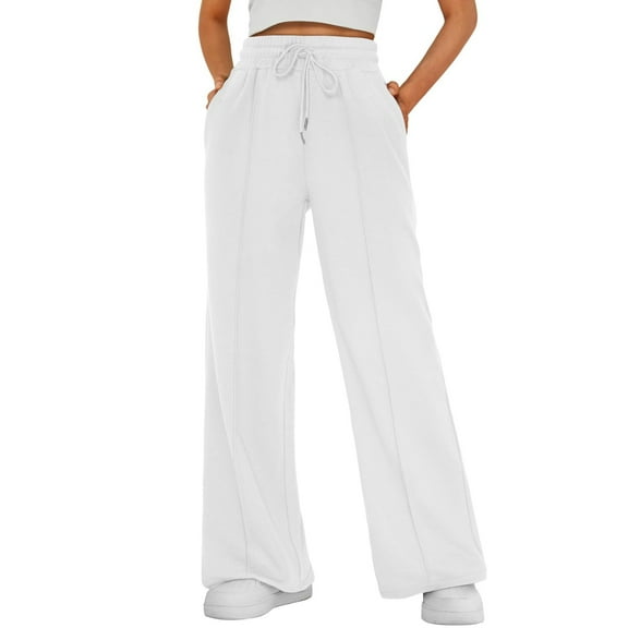 Zhensanguo Wide Leg Sweatpants Women Baggy 2024 Trendy Casual Drawstring Ribbed Waisted Pants Athletic Trousers Lounge Pants White S