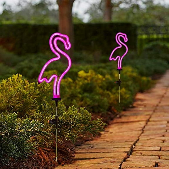[Set of 2] Flamingo Solar Garden Stake Lights, Outdoor Solar Pathway Light for Lawn Patio Yard Walkway, Neon Pink Lighting (29.5" Height)