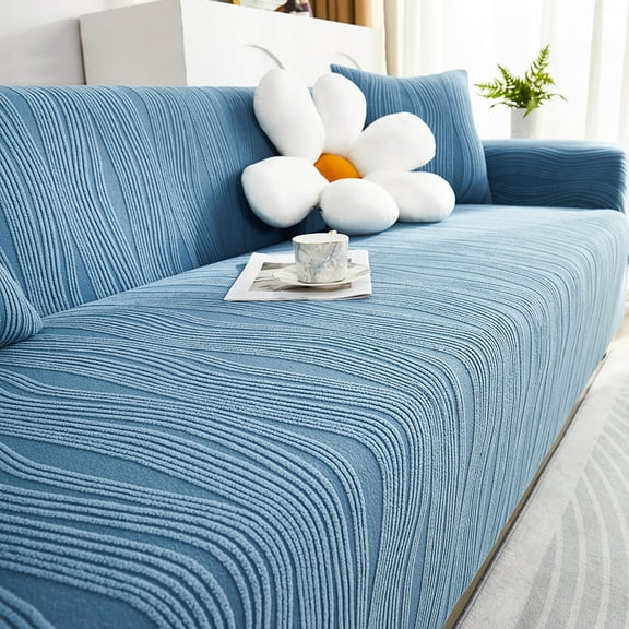 suxuMhao Stretch Sofa Cover, Oversized 4 Seater Couch Cover - Polyester Couch Slipcover,Soft Couch Cover, Couch Covers for Sofa with Stripe Design, 1 Piece Blue Slipcover