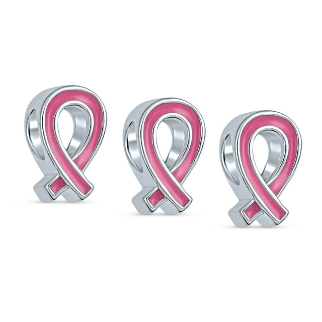 SET of 3 Radiant Pink Ribbon Enamel Hope Breast Cancer Survivor Charm Bead - Authentic .925 Sterling Silver - Compatible with European Bracelets - Inspirational Jewelry for Women