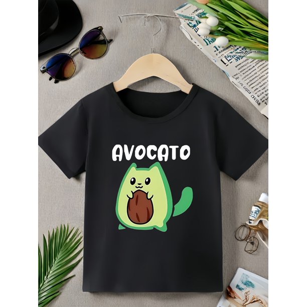 Girls' Cute Avocado Cat Graphic T-Shirt - Comfy Cotton Blend, Casual Round Neck, Short Sleeve Tee with Tropical Print - Perfect for Summer