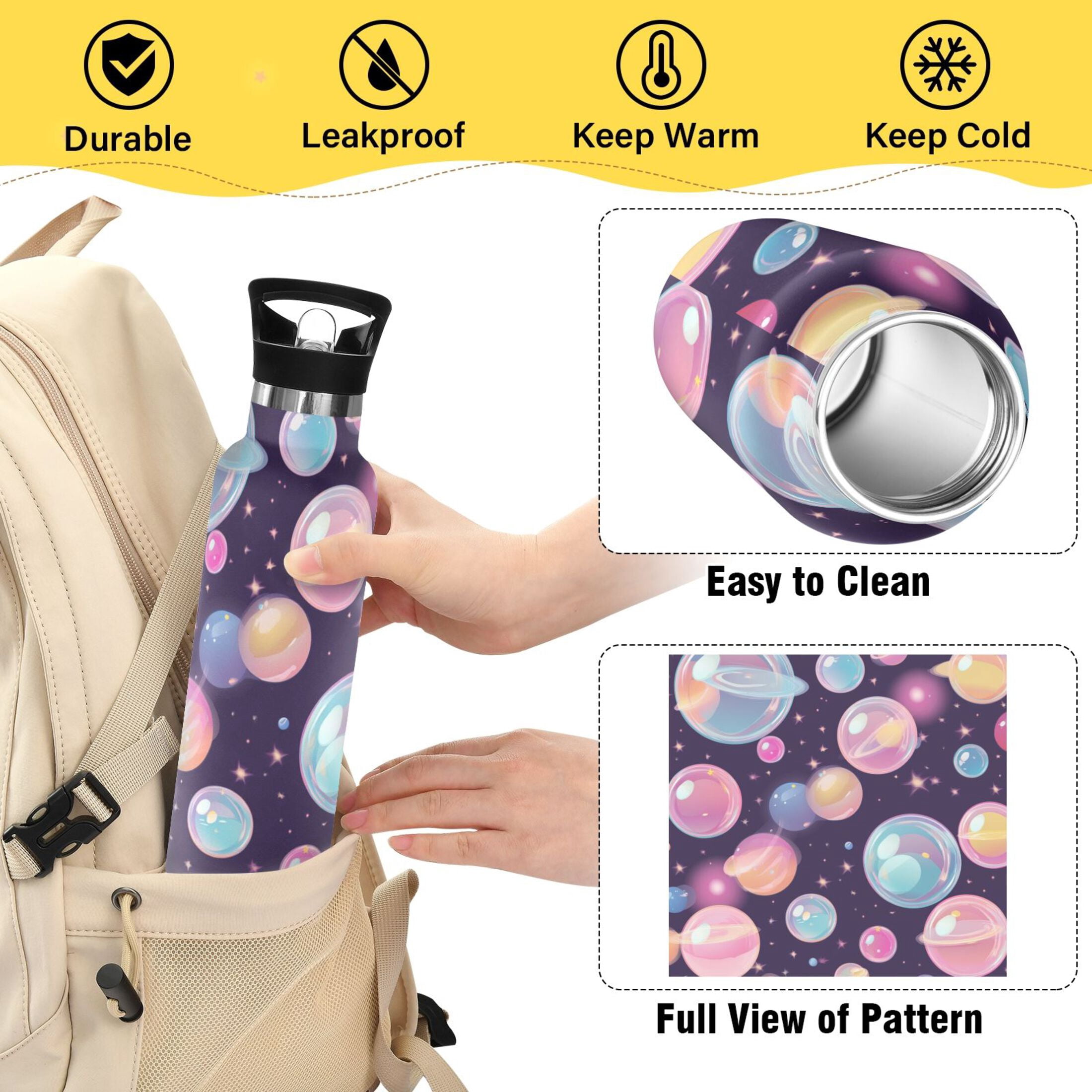 Kids Insulated Stainless Steel Sports Water Bottle 600ml (20oz) Floating Bubbles Pattern