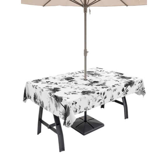 Outdoor Tablecloths with Umbrella Hole & Zipper, Black Gray Wildflower Tablecloth Rectangle 60x84 Inch, Classic Florals Farmhouse Botanical Waterproof Table Cloth, Patio/Pool/Picnic Table Covers