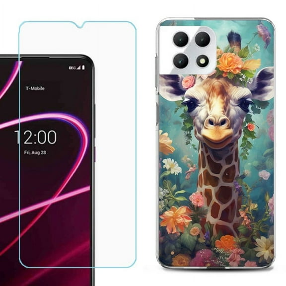 Phone Case for T-Mobile Revvl 7 5G, Shockproof Case Cover with Tempered Glass Screen Protector, by OneToughShield - Giraffe Flower