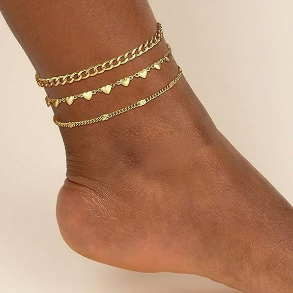 Cterwk 14K Gold Plated Ankle Bracelets for Women, Layered Anklet Waterproof Bead Rhinestone Cuban Chain Ankle