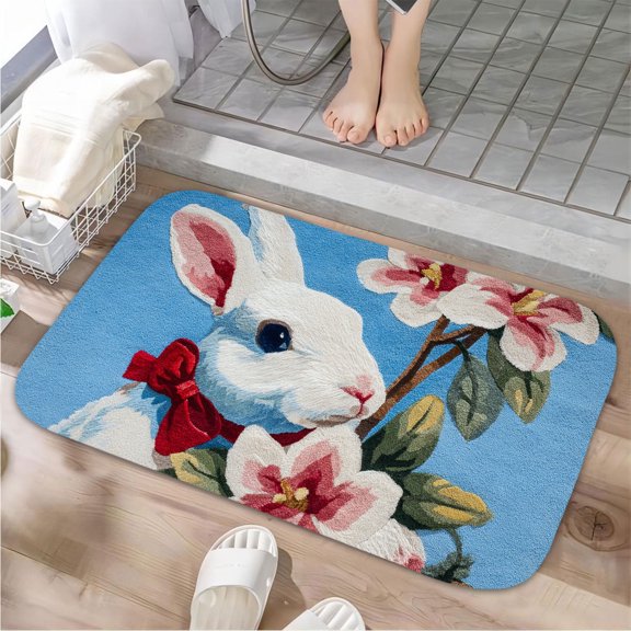 1pc White Rabbit with Flowers Absorbent Non-Slip Bathroom Thickened Flannel Rug Decor,Soft,Quick Drying,Suitable For Indoor/outdoor Use,Bathrooms,Bedrooms,Kitchens,Terrace,Laundry Rooms,16"x24"