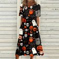thumbnail image 3 of Women's Halloween Print Round Neck Casual Dress with Pockets Short Sleeve Loose Midi Dress Plus Size for Autumn Daily Wear Black L, 3 of 6
