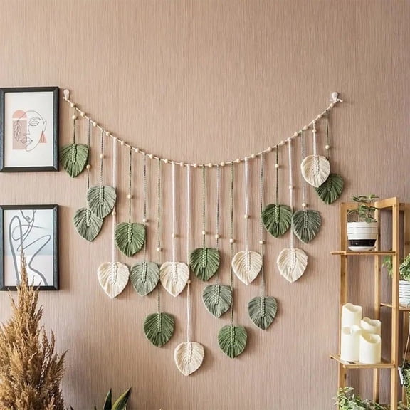Vruelia Wall Hanging,Leaves Woven Tapestry, Feather Handmade Tassels Boho Wall Decor,Leaves Art Decorations for Nursery Bedroom Living Room Apartment Home Backdrop