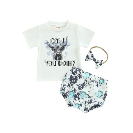 

Westem Newborn Infant Baby Girls Clothes Short Sleeve Cow Print Tops Short Pants Toddler Outfits
