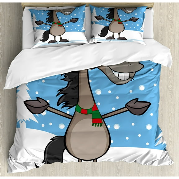 Smile Duvet Cover Set, Mascot Horse with a Snowy Winter Landscape Scene on the Background, Decorative 3 Piece Bedding Set with 2 Pillow Shams, King Size, Deep Sky Blue Multicolor, by Ambesonne