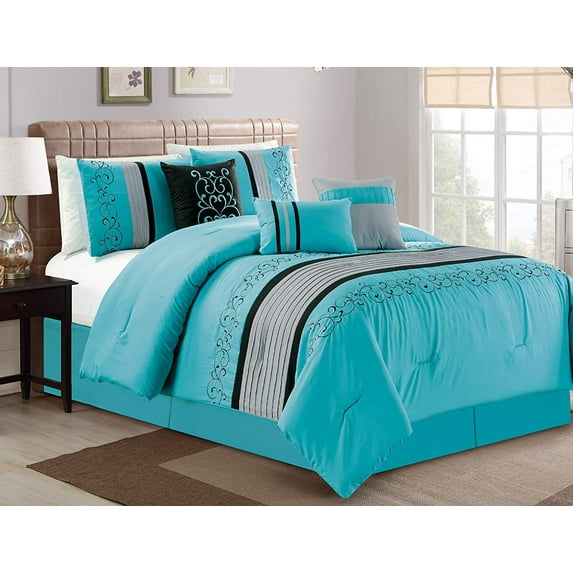 HGMart Bedding Comforter Set Bed In A Bag - 7 Piece Luxury Embroidery Microfiber Bedding Sets - Oversized Bedroom Comforters, Cal King, Turqoise