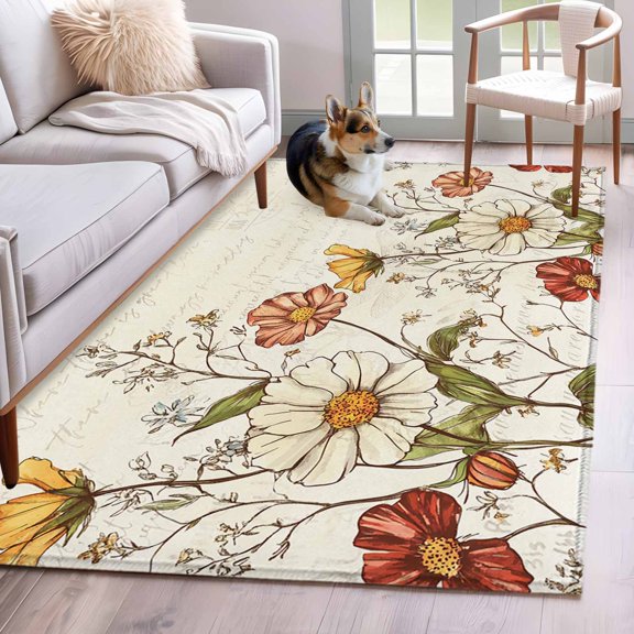 2.7'x5' Area Rugs, Farmhouse Botanical Indoor Outdoor Area Rug for Living Room Bedroom, Pastoral Summer Spring Floral Washable Bathroom Rugs Kitchen Floor Carpet Mats Home Decor Aesthetic