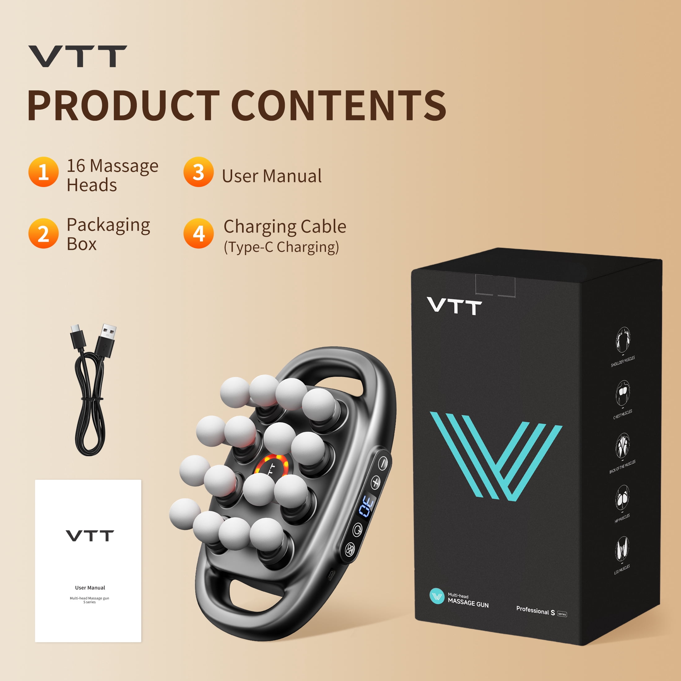VTT Deep Tissue Massage Gun, 16 Head Percussion Massager for Muscle Recovery, Portable Full Body Pain Relief for Men & Women