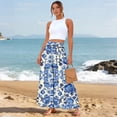 thumbnail image 4 of Womens Beach Wide Leg Pants Elastic High Waist Ties Ruffle Hem Flowy Palazzo Pants with Pockets Blue 2XL, 4 of 5
