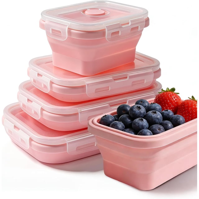 Recipientes de Silicona Portátil, Juego de 4 Plegables de Almacenamiento de Alimentos, Recipientes Herméticos para almuerzo con Tapas, Adecuado para microondas y refrigeradores (Rosa)
