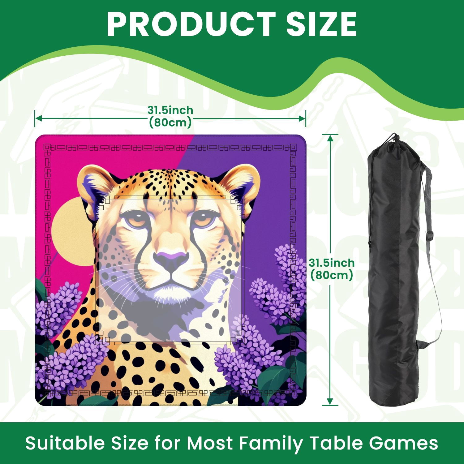 Mahjong Mat 31.5" x 31.5" Majestic Cheetah Surrounded by Purple Lilacs Vibrant Non-Slip Noise Reduction American Mahjong Tiles Table Cover for Dominoes Poker Card Board Games Gift