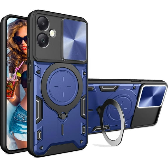 for Samsung Galaxy A06 4G 6.7" Case with Magnetic Ring Kickstand, Rugged Military Grade Shockproof Heavy Duty Case with Slide Camera Lens Cover for Samsung Galaxy A06 JS-Blue