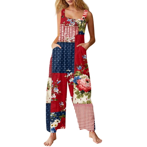 JULMCOMO 4th of July Jumpsuits for Women 1776 Plus Size Wide Leg Independence Day Rompers Stars Stripes Sleeveless American Flag Jumpsuits with Pockets Red S